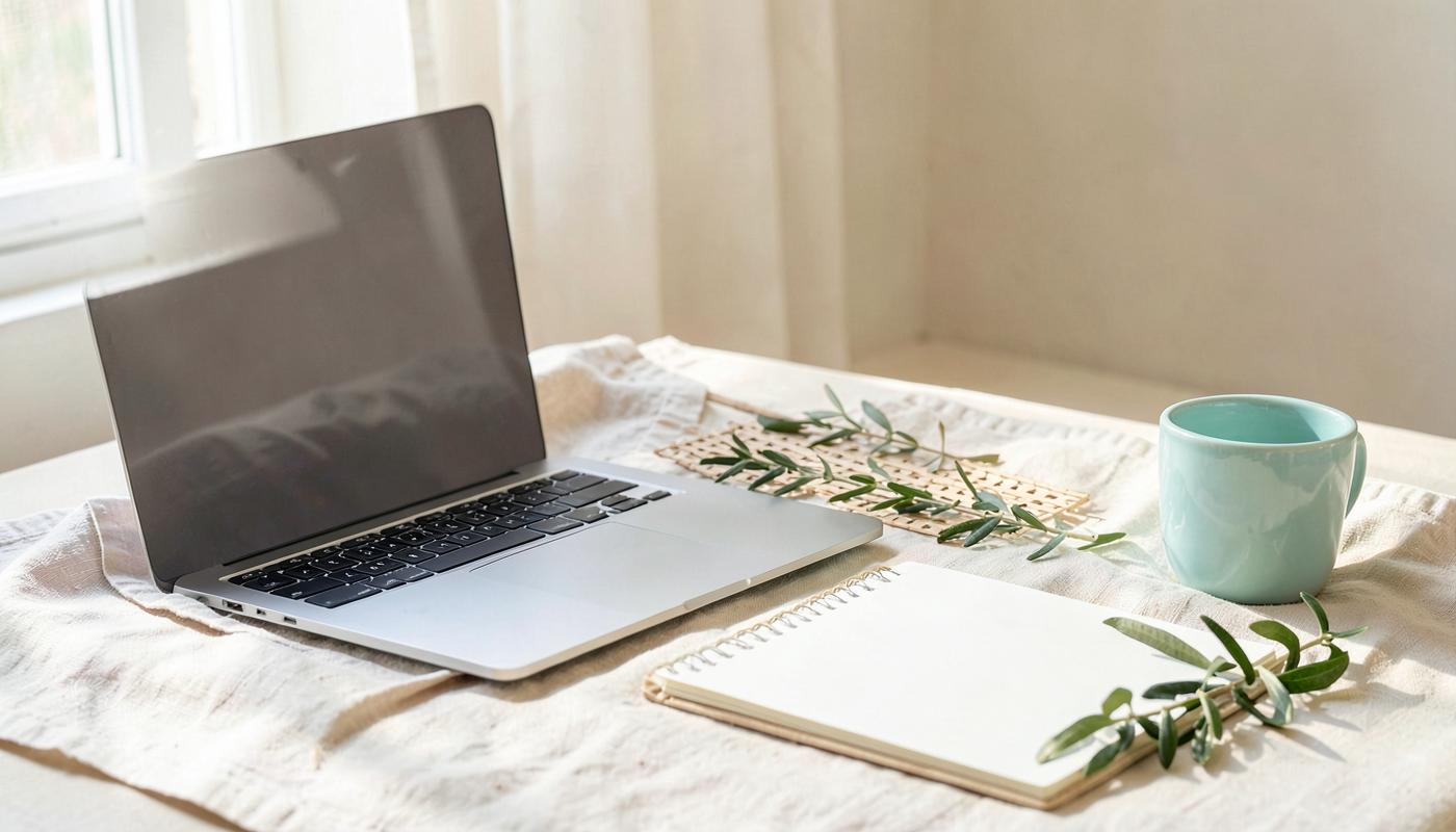 Lezárt laptop és nyitott jegyzetfüzet világos, lenvásznas környezetben